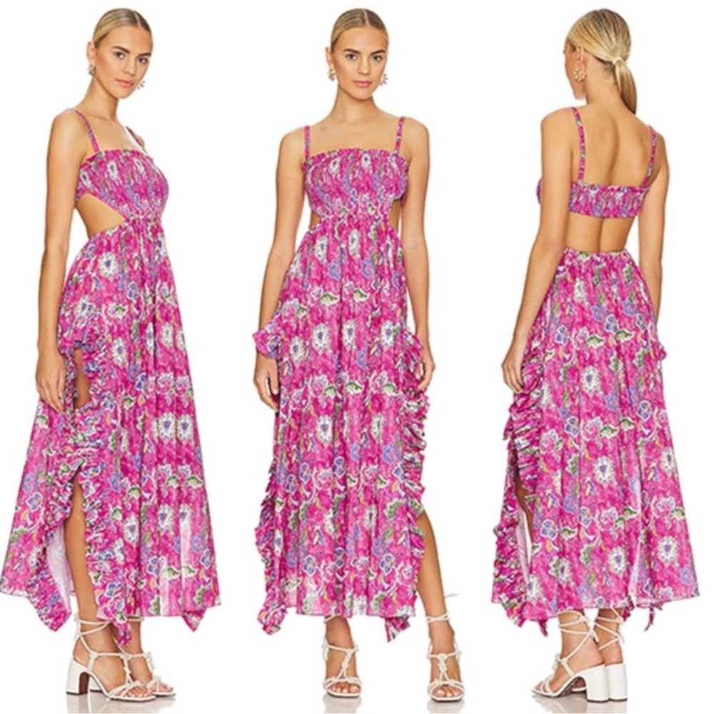 NWT Caroline Constas Margo Floral Paisley Ruffled Pink Open Back Maxi Dress